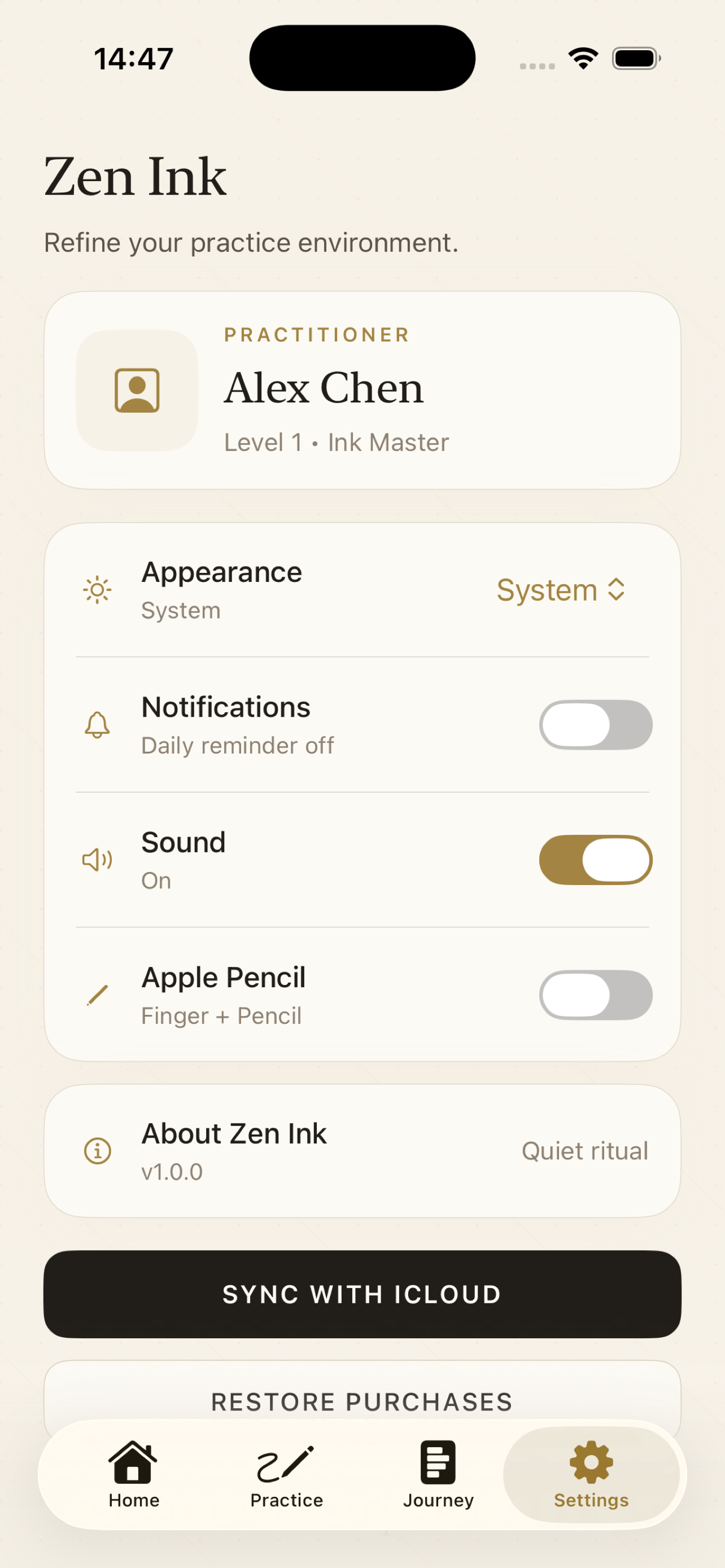Zen-Ink settings screen